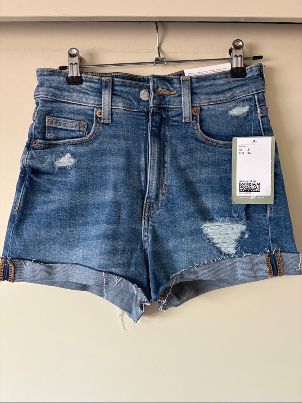 H&M Distressed High-Rise Denim Shorts - Blue